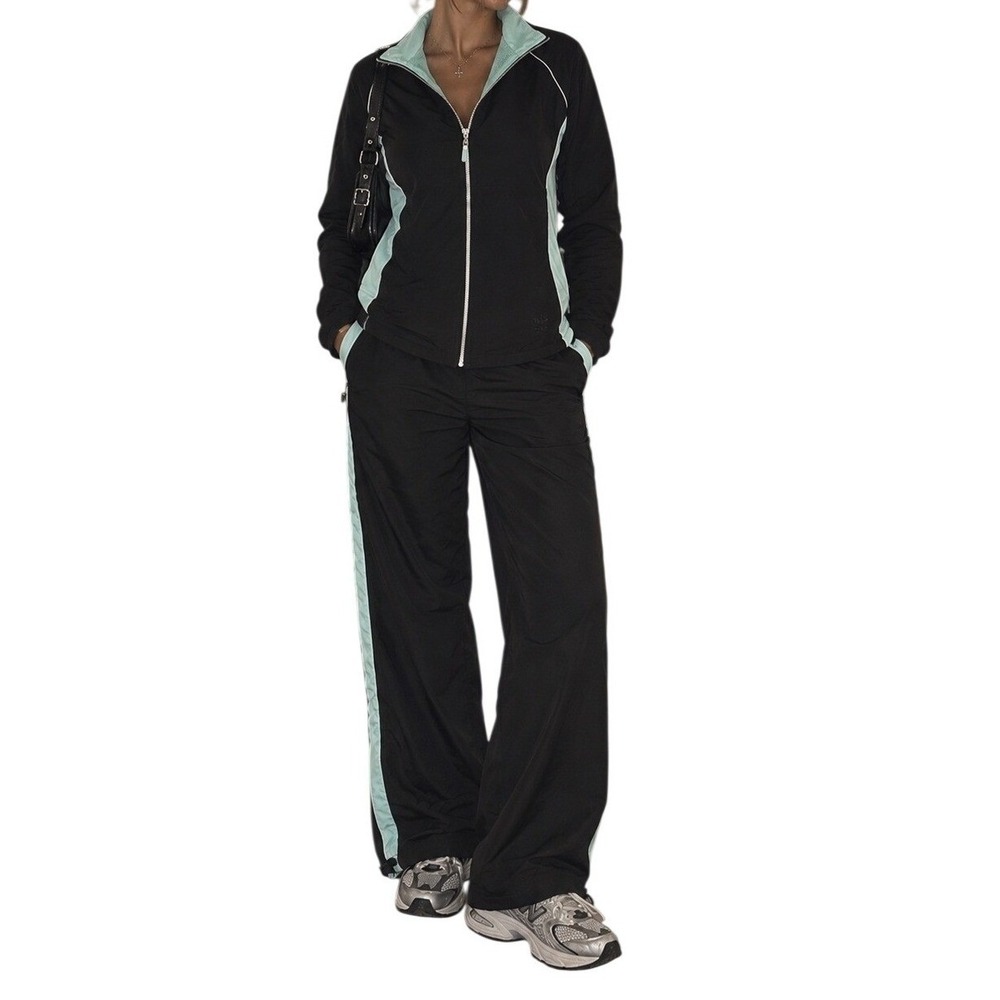 Oleg Cassini Tracksuit Small Black Mint Blue Vintage 2000s Sport Workout Set
